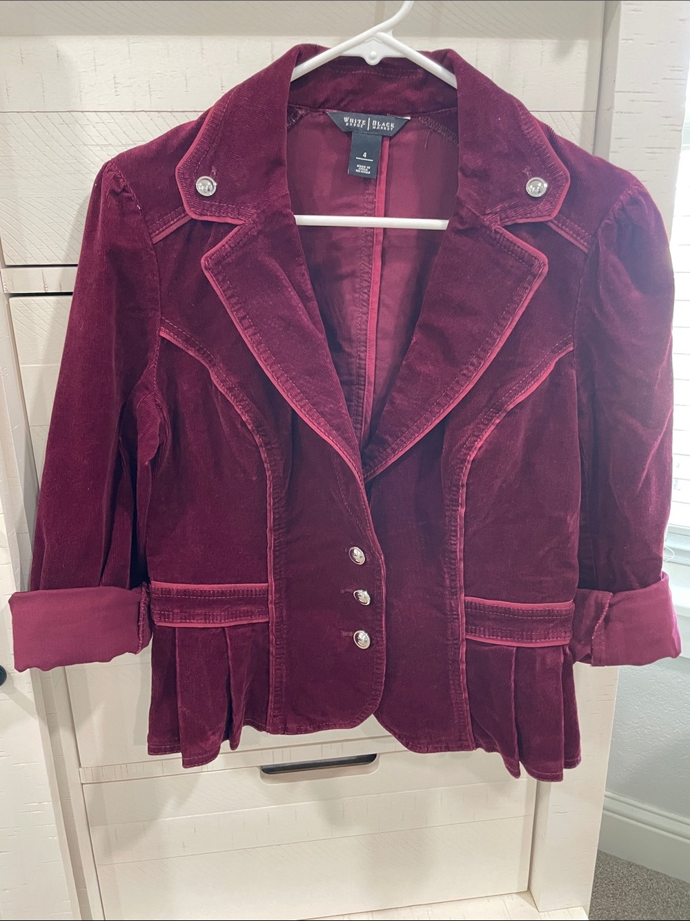 White House Black Market Women's Wine Velvet Blazer with Decorative Buttons